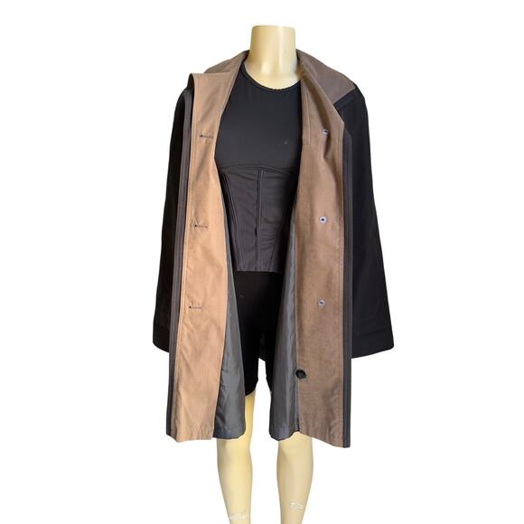 Vintage Gallery Black Brown Tan Trench Coat Medium  Classic Long Overcoat Fall - Picture 3 of 9